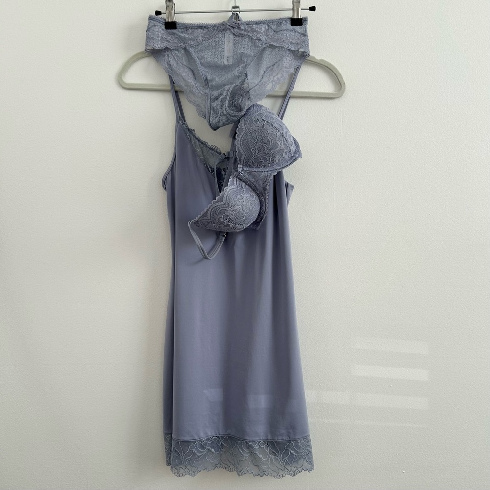 Gilligan & O’Malley 3-Piece Set Chemise Bra and Panties in Periwinkle Blue - Med